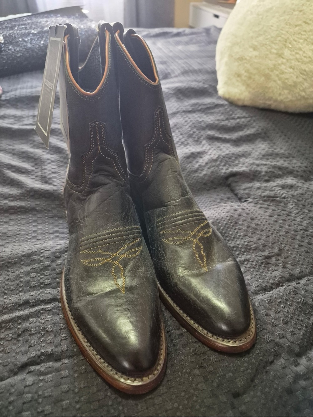 Lucchese Black Leather Women's Ankle Western Booties with Brown Trim